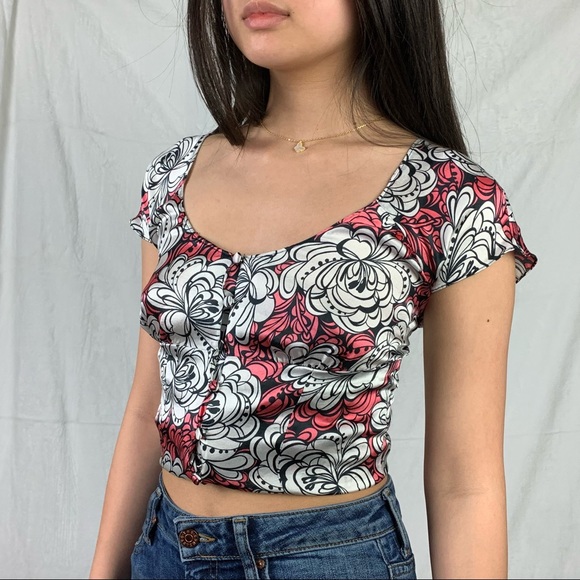 guess jeans xs pink and white silk floral abstract blouse - Picture 5 of 16